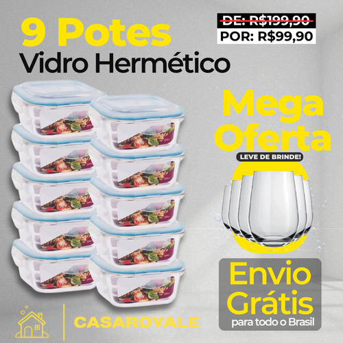 Kit com 9 Potes Herméticos de Vidro (3x 375ml. 3x 475ml. 3x 575ml.) + 6 Copos de Vidro - Promoção 2025