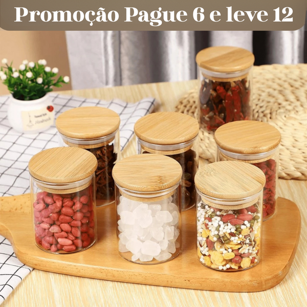 Kit Potes de Vidro  com Tampa em Bambu (200ml)  [Pague 6 Leve 12] (Últimas unidades)