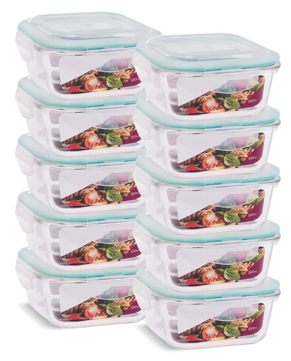 Kit com 9 Potes Herméticos de Vidro (3x 375ml. 3x 475ml. 3x 575ml.) + 6 Copos de Vidro - Promoção 2025